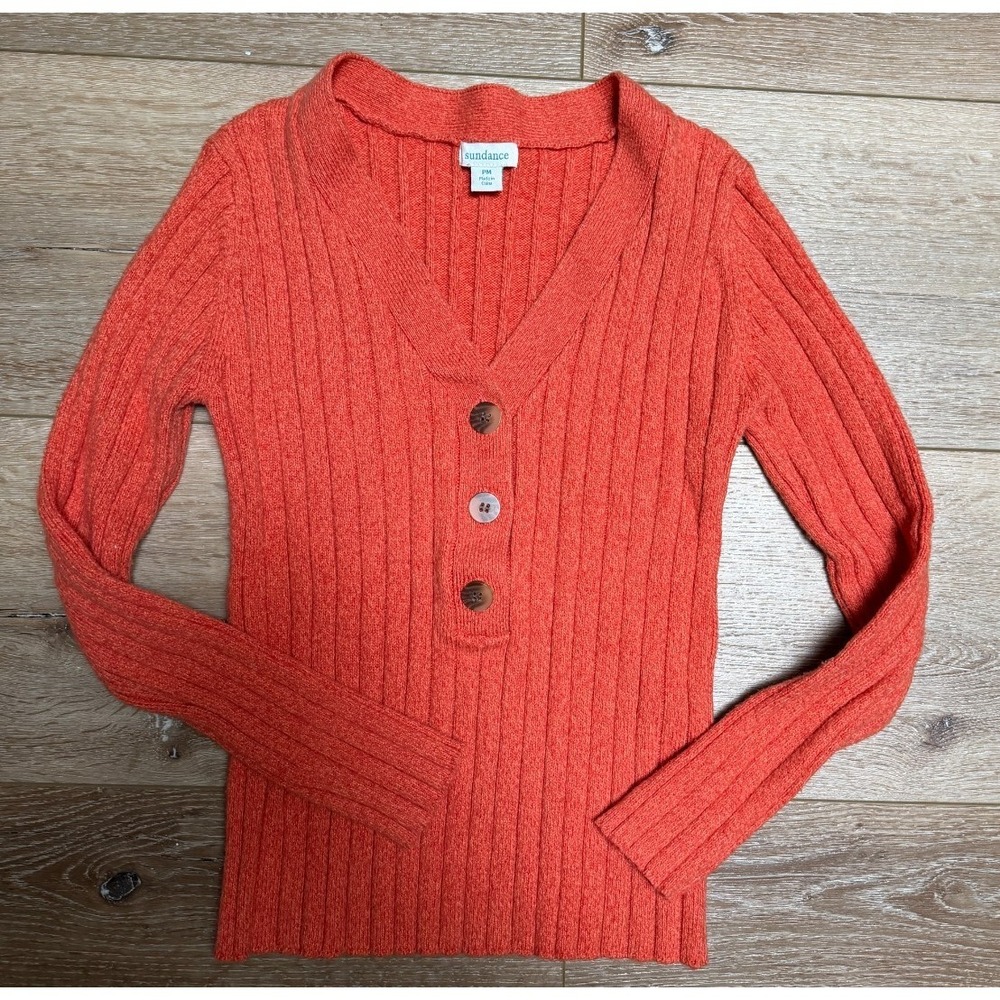 Sundance Women's Orange Cotton Silk Blend Ribbed Knit Henley Sweater PM V-Neck